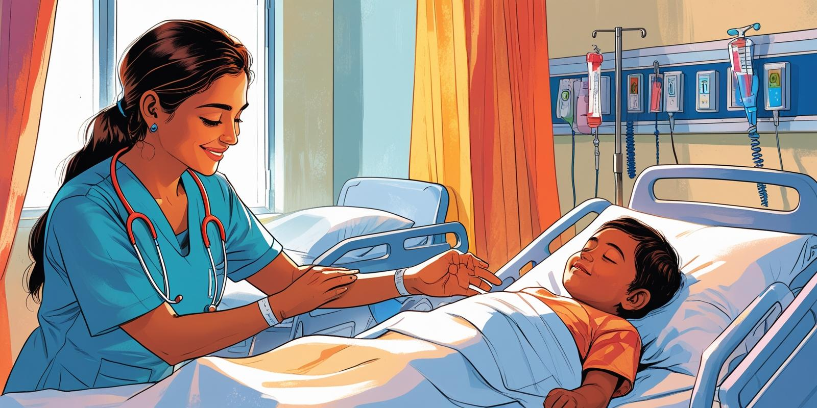 child patient in a clean, well-lit hospital room with a smiling nurse or doctor, showing the comfort and care of pediatric BMT units in India.